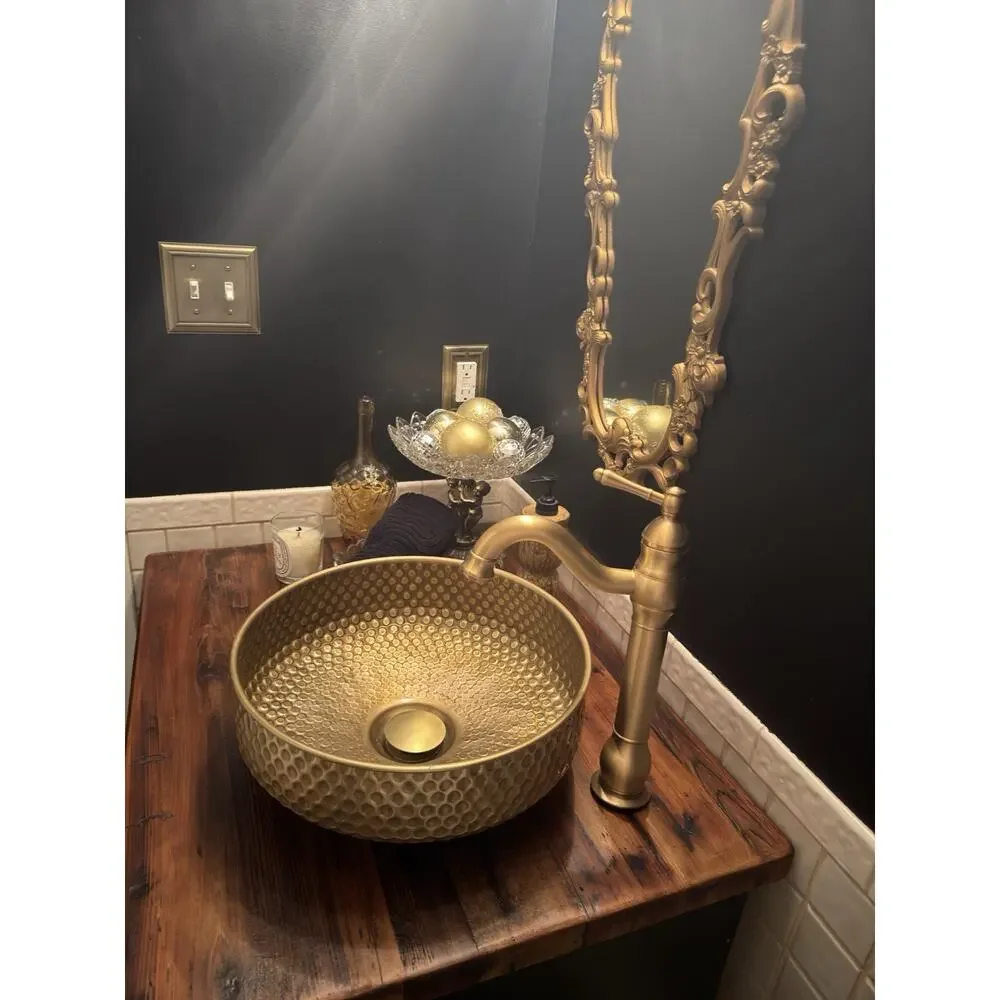 14” Solid Brass Hand Hammered Vessel Sink Antique Brass Bathroom Vanity Bowl